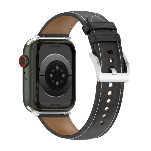 

22mm Top Layer Cowhide Sewing Strap For Apple Watch Series 7 45mm / 6&SE&5&4 44mm / 3&2&1 42mm(Black)