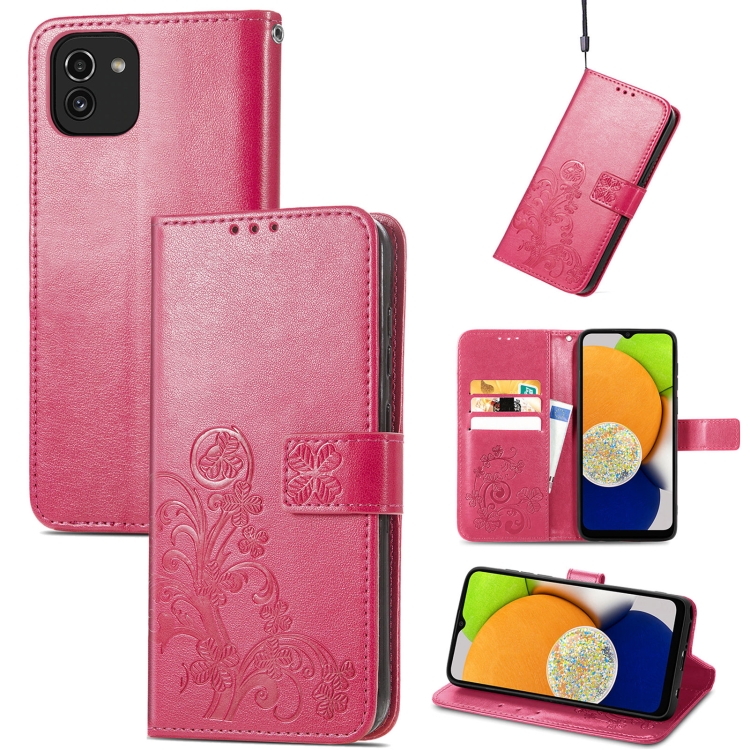 

For Samsung Galaxy A03 Four-leaf Clasp Embossed Leather Phone Case(Rose Red)