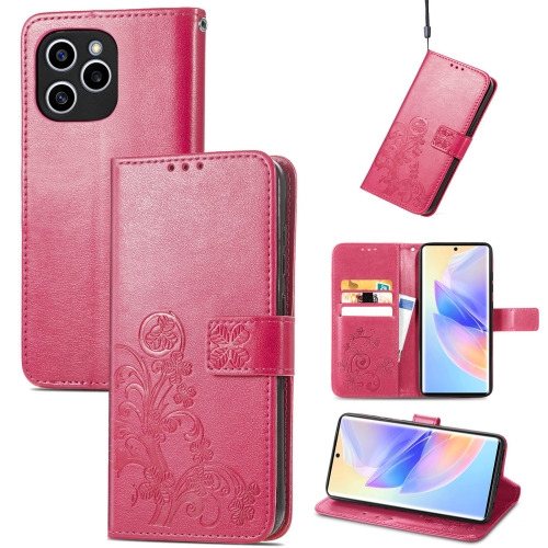 

For Honor 60 SE Four-leaf Clasp Embossed Buckle Leather Phone Case(Magenta)