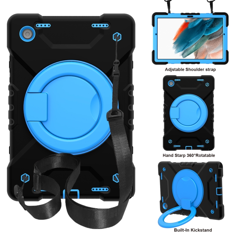 

For Samsung Galaxy Tab A8 10.5 2021 X200 / X205 360 Rotation PC+Silicone Tablet Case with Shoulder Strap(Black+Blue)