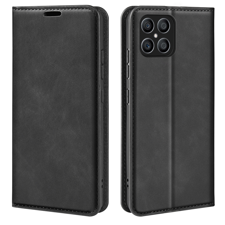 

For Honor X8 Retro-skin Magnetic Suction Leather Phone Case(Black)