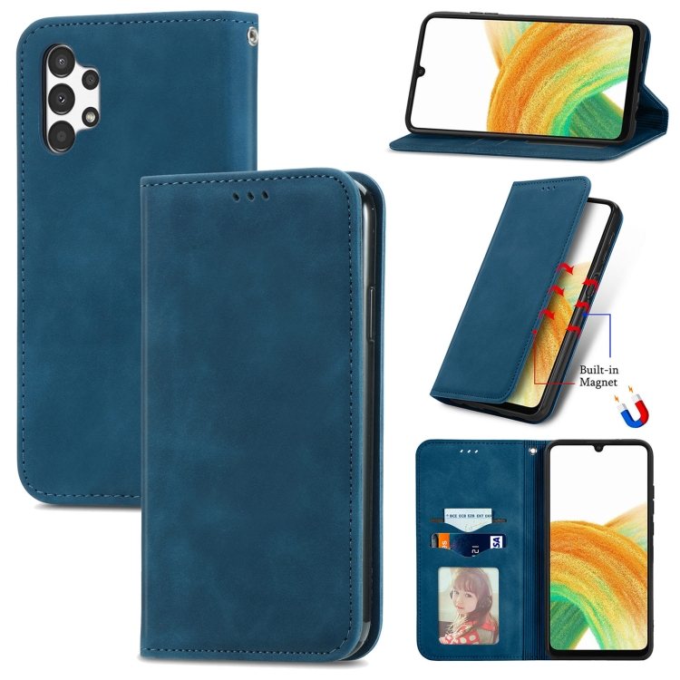 

For Samsung Galaxy A13 4G Retro Skin Feel Magnetic Horizontal Flip Leather Phone Case(Blue)