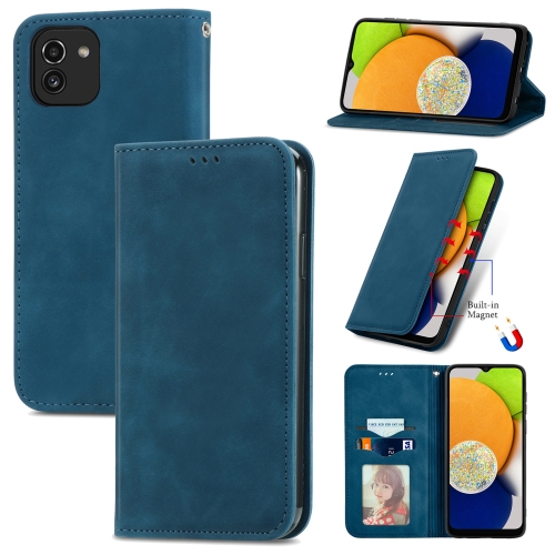 

For Samsung Galaxy A03 Global 164mm Retro Skin Feel Magnetic Horizontal Flip Leather Phone Case(Blue)