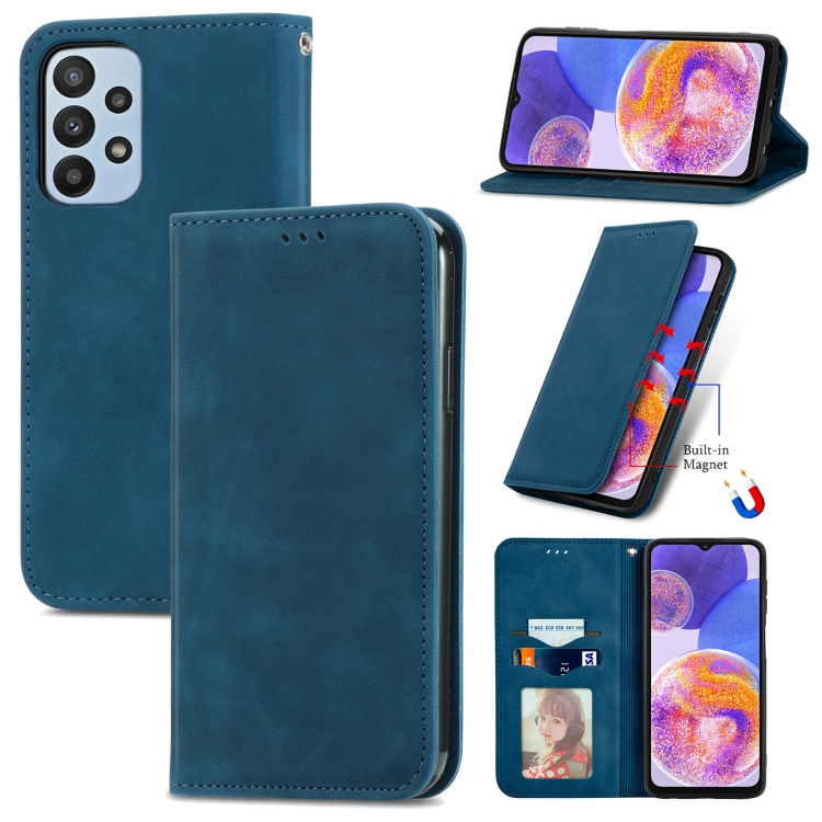 

For Samsung Galaxy A23 Retro Skin Feel Magnetic Horizontal Flip Leather Phone Case(Blue)