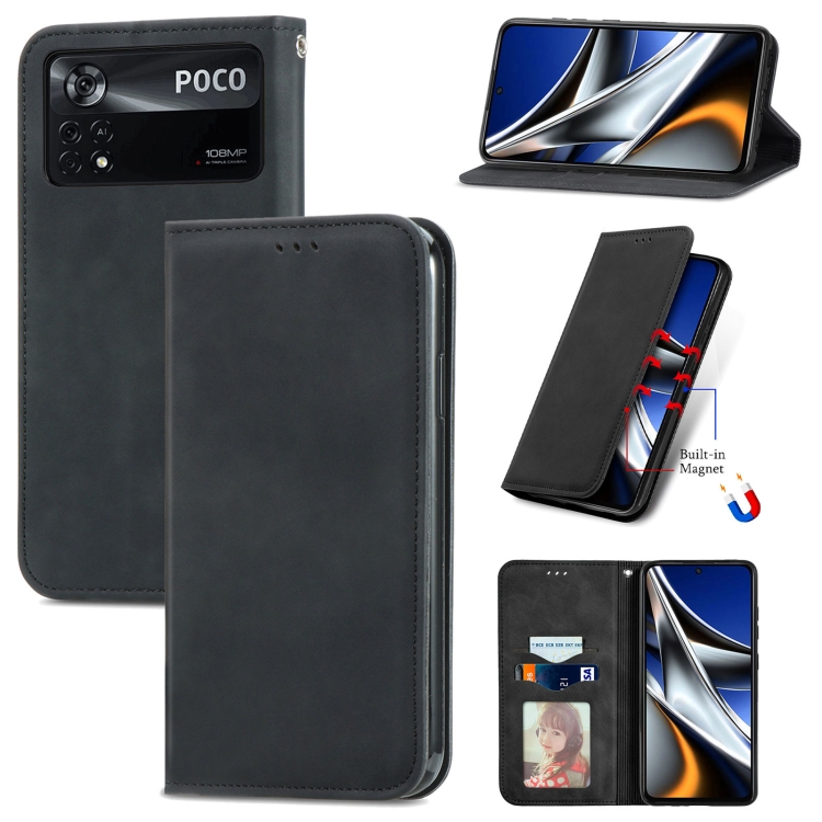 

For Xiaomi Poco X4 Pro 5G Retro Skin Feel Magnetic Flip Leather Phone Case(Black)