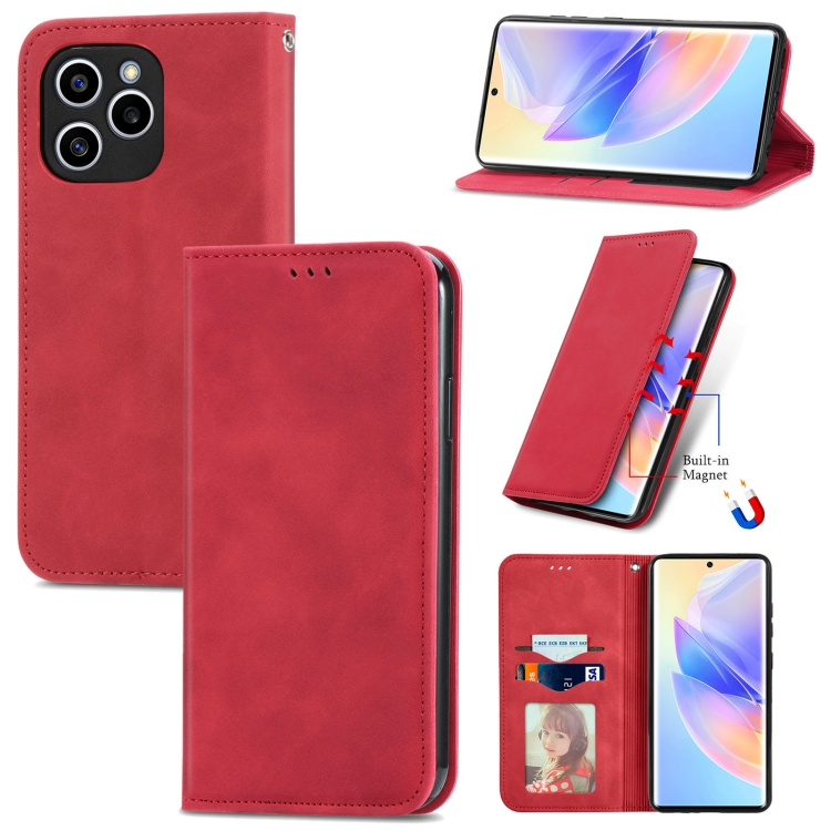 

For Honor 60 SE Retro Skin Feel Magnetic Horizontal Flip Leather Phone Case(Red)