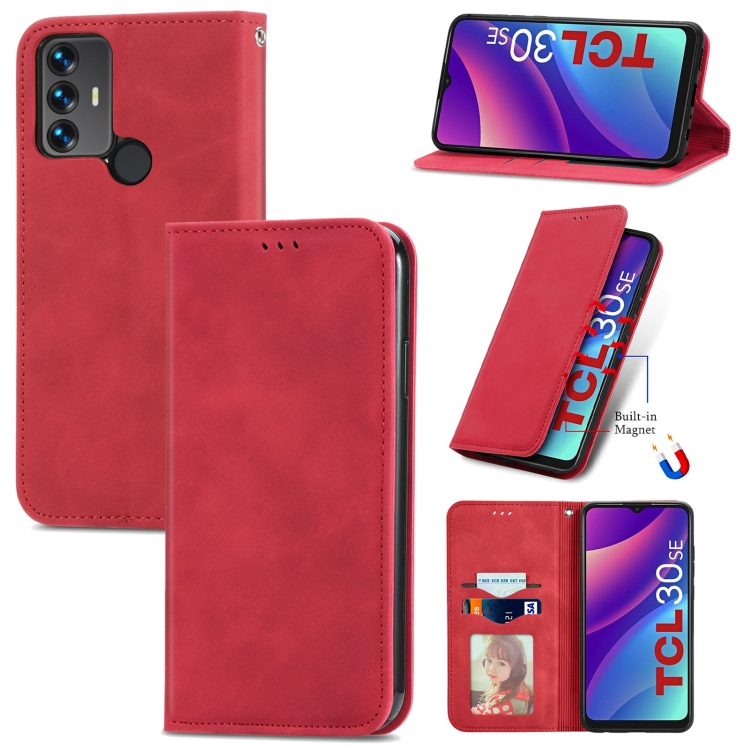 

For TCL 30 SE Retro Skin Feel Magnetic Horizontal Flip Leather Phone Case(Red)