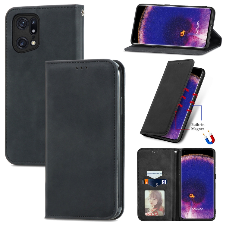 

For OPPO Find X5 Retro Skin Feel Magnetic Horizontal Flip Leather Phone Case(Black)