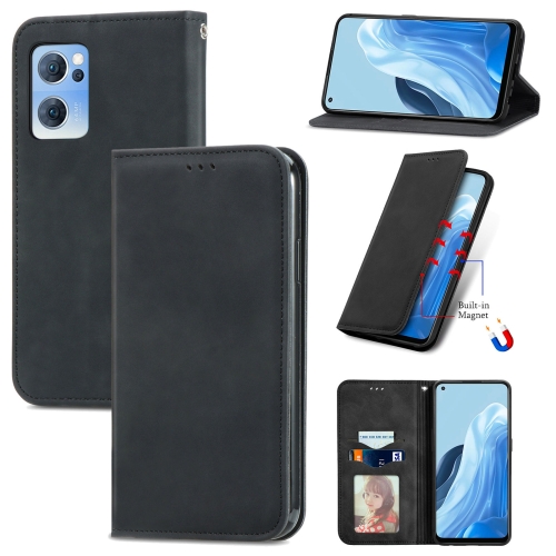 

For OPPO Reno7 5G Retro Skin Feel Magnetic Horizontal Flip Leather Phone Case(Black)