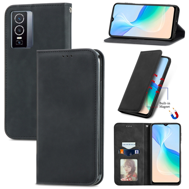 

For vivo Y76 5G Retro Skin Feel Magnetic Horizontal Flip Leather Phone Case(Black)