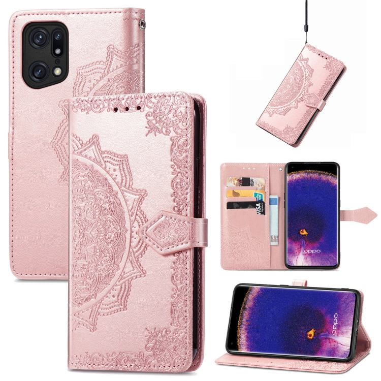 

For OPPO Find X5 Mandala Flower Embossed Flip Leather Phone Case(Rose Gold)