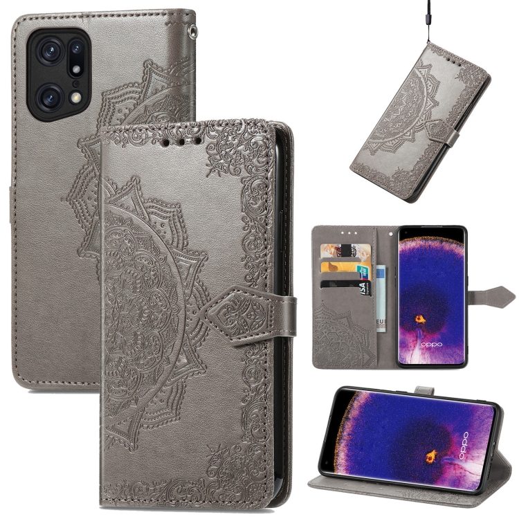 

For OPPO Find X5 Mandala Flower Embossed Flip Leather Phone Case(Gray)