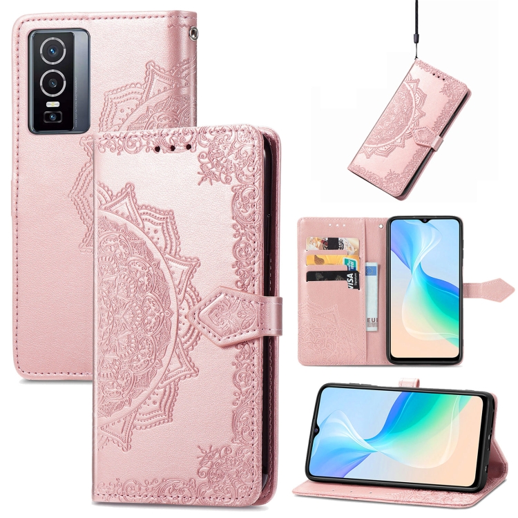 

For vivo Y76 5G Mandala Flower Embossed Flip Leather Phone Case(Rose Gold)