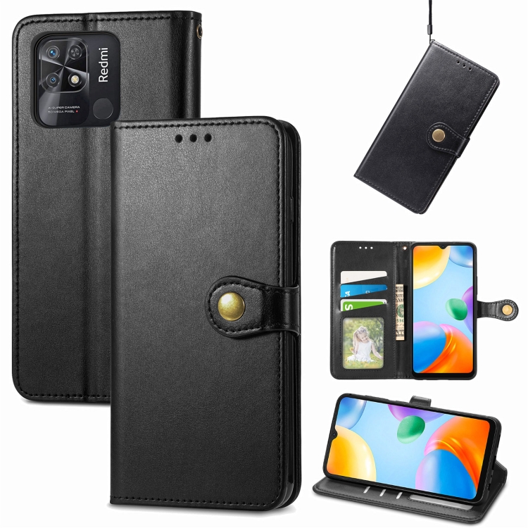 

For Xiaomi Redmi 10C Retro Solid Color Buckle Leather Phone Case(Black)