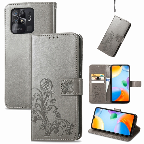 

For Xiaomi Redmi 10C Four-leaf Clasp Embossed Buckle Leather Phone Case(Gray)