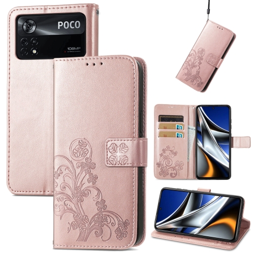 

For Xiaomi Poco X4 Pro 5G Four-leaf Clasp Embossed Buckle Leather Phone Case(Rose Gold)