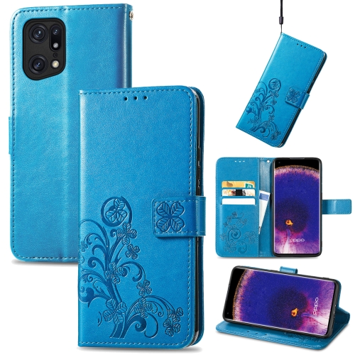 

For OPPO Find X5 Pro Four-leaf Clasp Embossed Buckle Leather Phone Case(Blue)