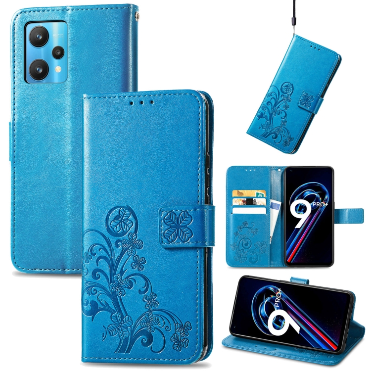 

For OPPO Realme 9 Pro+ 5G Four-leaf Clasp Embossed Buckle Leather Phone Case(Blue)
