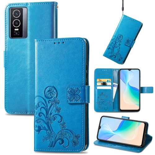 

For vivo Y76 5G Four-leaf Clasp Embossed Buckle Leather Phone Case(Blue)