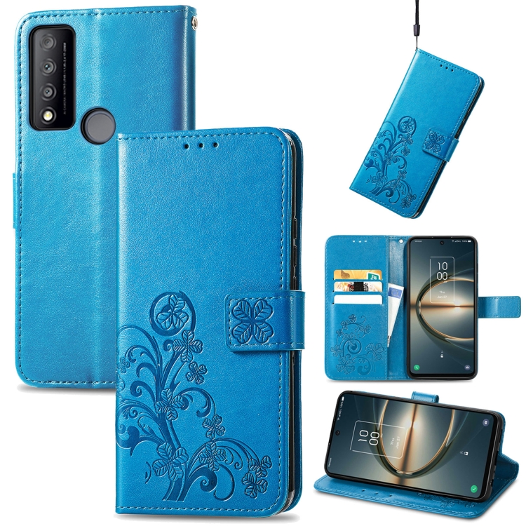 

For TCL 30 V 5G Four-leaf Clasp Embossed Buckle Leather Phone Case(Blue)