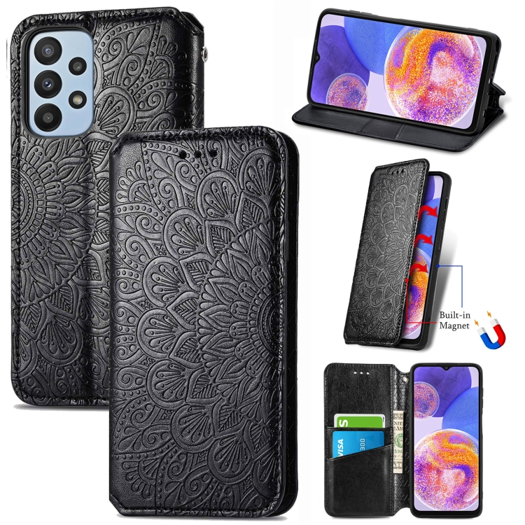 

For Samsung Galaxy A23 Blooming Mandala Embossed Magnetic Leather Phone Case(Black)