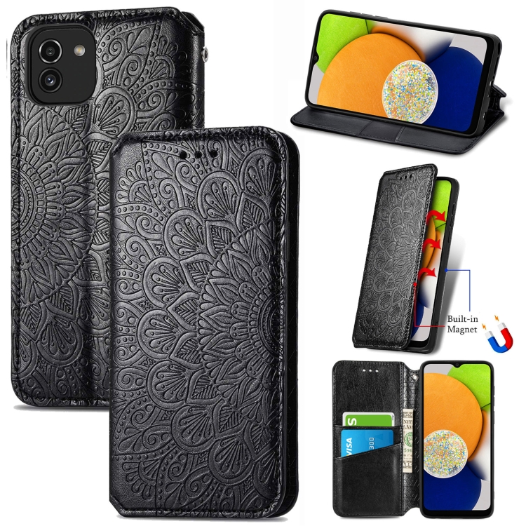 

For Samsung Galaxy A03 Blooming Mandala Embossed Magnetic Leather Phone Case(Black)
