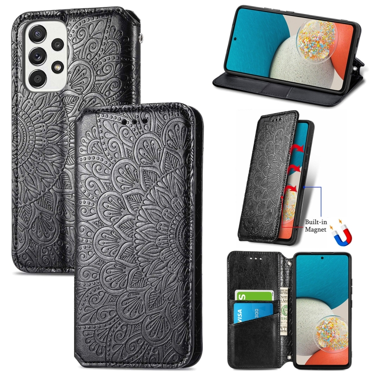 

For Samsung Galaxy A73 5G Blooming Mandala Embossed Magnetic Leather Phone Case(Black)