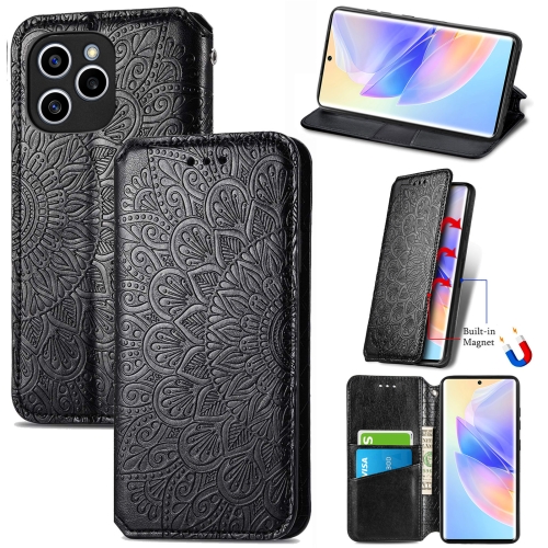 

For Honor 60 SE Blooming Mandala Embossed Magnetic Leather Phone Case(Black)