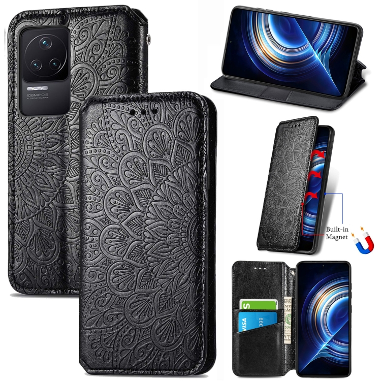 

For Xiaomi Redmi K50 Pro Blooming Mandala Embossed Magnetic Leather Phone Case(Black)