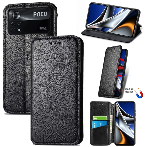 

For Xiaomi Poco X4 Pro 5G Blooming Mandala Embossed Magnetic Leather Phone Case(Black)