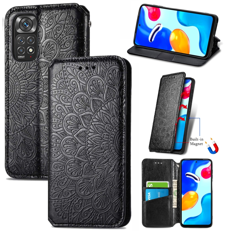 

For Xiaomi Redmi Note 11S Blooming Mandala Embossed Magnetic Leather Phone Case(Black)
