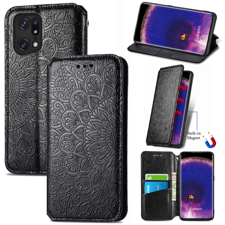 

For OPPO Find X5 Blooming Mandala Embossed Magnetic Leather Phone Case(Black)