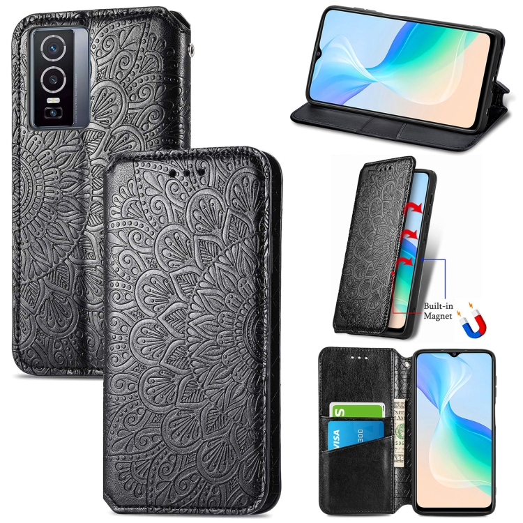 

For vivo Y76 5G Blooming Mandala Embossed Magnetic Leather Phone Case(Black)