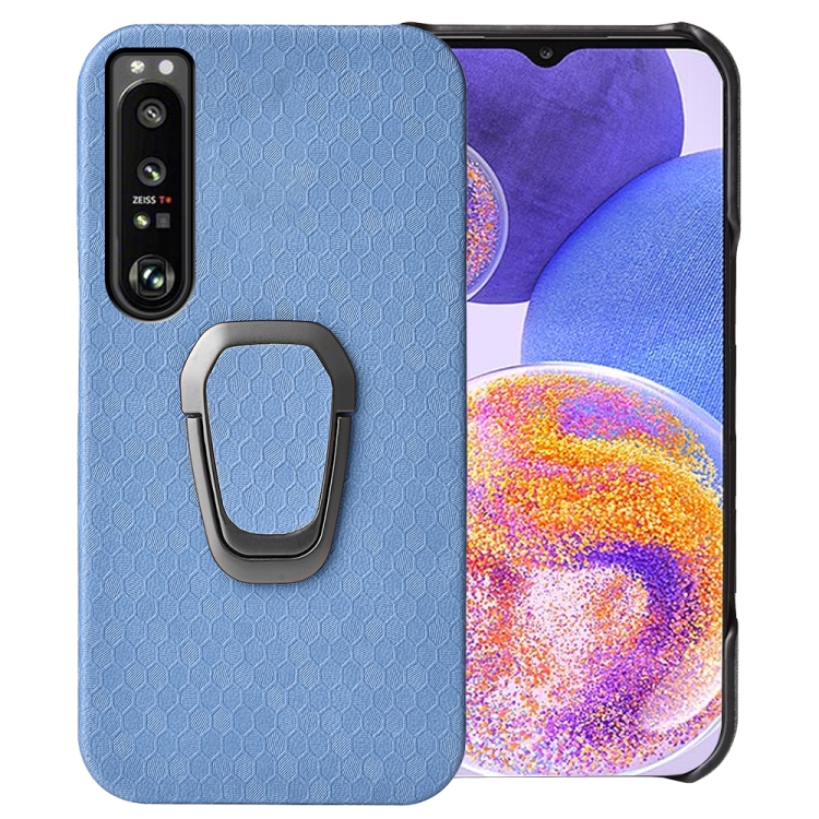 

For Sony Xperia 1 IV Ring Holder Honeycomb PU Phone Case(Light Blue)