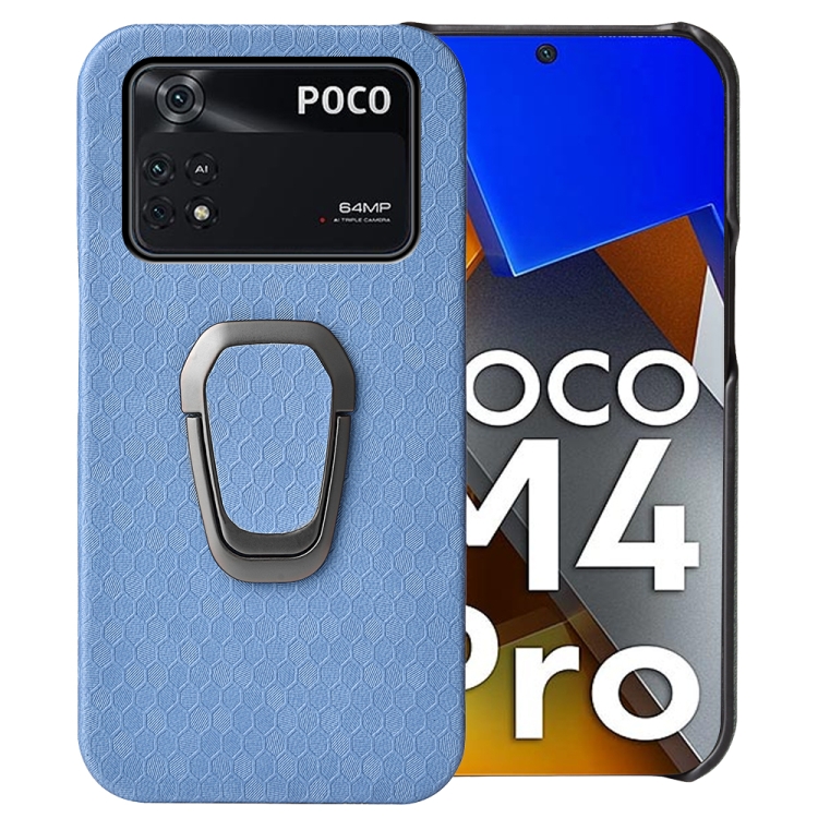 

For Xiaomi Poco M4 Pro 4G Ring Holder Honeycomb PU Phone Case(Light Blue)