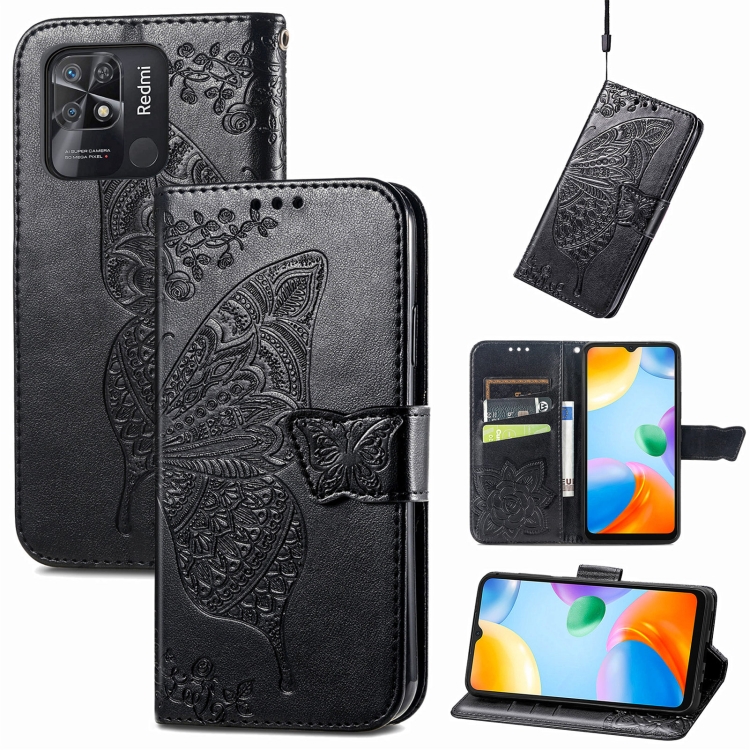 

For Xiaomi Redmi 10C Butterfly Love Flower Embossed Leather Phone Case(Black)