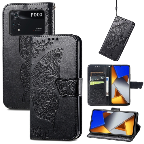 

For Xiaomi Poco M4 Pro Butterfly Love Flower Embossed Leather Phone Case(Black)