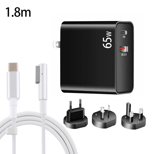 

PD-65W USB-C / Type-C + QC3. 0 USB Laptop Charging Adapter + 1.8m USB-C / Type-C to MagSafe 1 / L Head Data Cable, AU Plug / EU Plug / US Plug / UK Plug(Black)