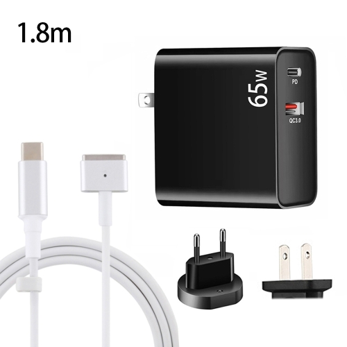 

PD-65W USB-C / Type-C + QC3. 0 USB Laptop Charging Adapter + 1.8m USB-C / Type-C to MagSafe 2 / T Head Data Cable, EU Plug / US Plug(Black)