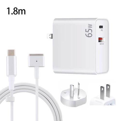 

PD-65W USB-C / Type-C + QC3. 0 USB Laptop Charging Adapter + 1.8m USB-C / Type-C to MagSafe 2 / T Head Data Cable, AU Plug / US Plug(White)