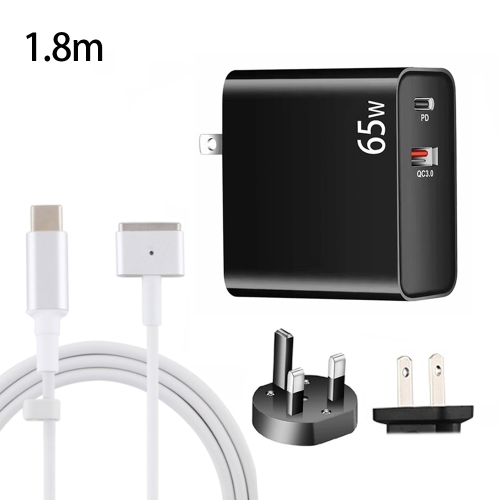 

PD-65W USB-C / Type-C + QC3. 0 USB Laptop Charging Adapter + 1.8m USB-C / Type-C to MagSafe 2 / T Head Data Cable, UK Plug / US Plug(Black)
