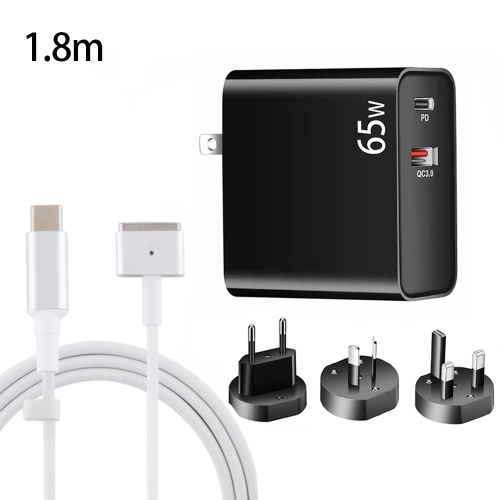 

PD-65W USB-C / Type-C + QC3. 0 USB Laptop Charging Adapter + 1.8m USB-C / Type-C to MagSafe 2 / T Head Data Cable, EU Plug / AU Plug / UK Plug / US Plug(Black)