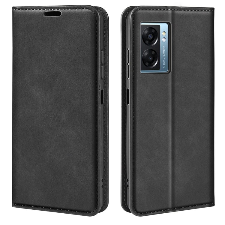 

For OPPO A57 5G Retro-skin Magnetic Suction Leather Phone Case(Black)