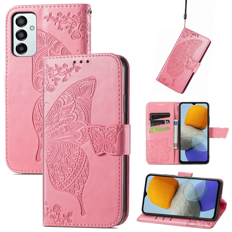 

For Samsung Galaxy M23 Butterfly Love Flower Embossed Leather Phone Case(Pink)