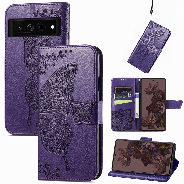 

For Google Pixel 7 Pro 5G Butterfly Love Flower Embossed Leather Phone Case(Dark Purple)