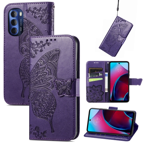 

For Motorola Moto G Stylus 5G 2022 Butterfly Love Flower Embossed Leather Phone Case(Dark Purple)