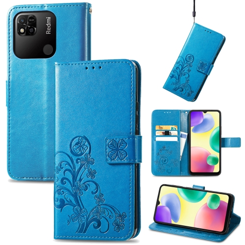 

For Xiaomi Redmi 10A Four-leaf Clasp Embossed Buckle Leather Phone Case(Blue)