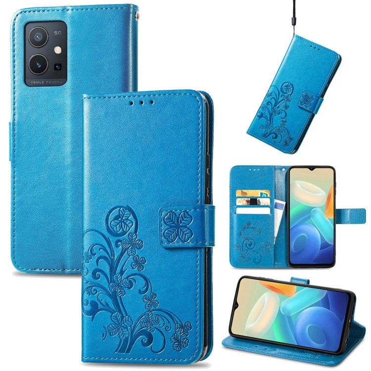 

For vivo Y55 5G Four-leaf Clasp Embossed Buckle Leather Phone Case(Blue)
