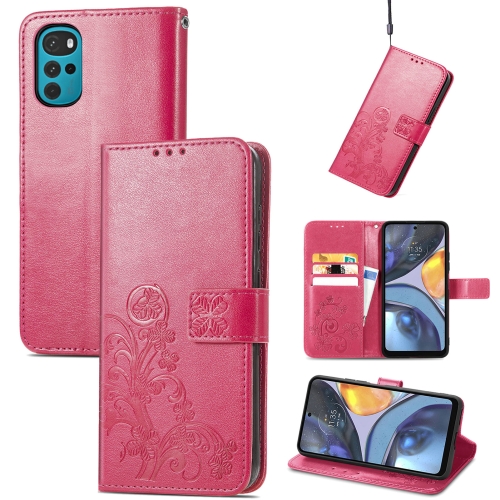 

For Motorola Moto G22 Four-leaf Clasp Embossed Buckle Leather Phone Case(Rose Red)