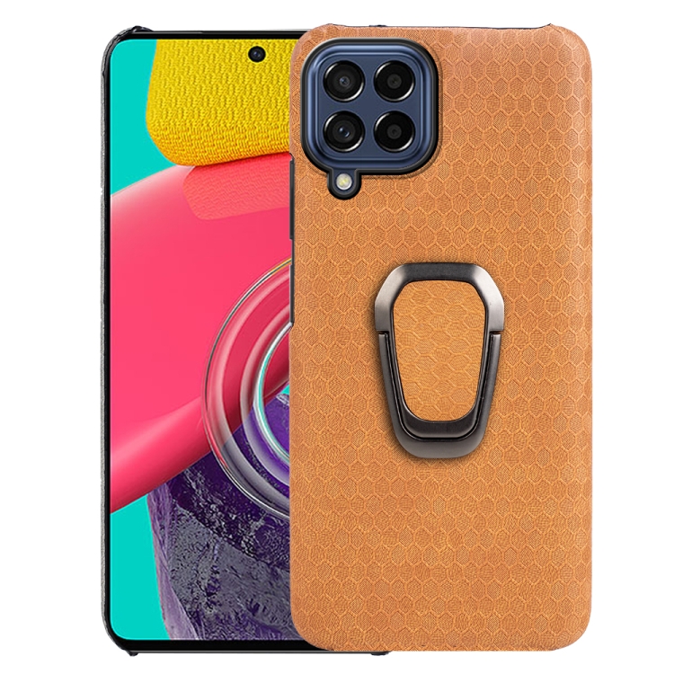 

For Samsung Galaxy M53 Ring Holder Honeycomb PU Skin Phone Case(Orange)